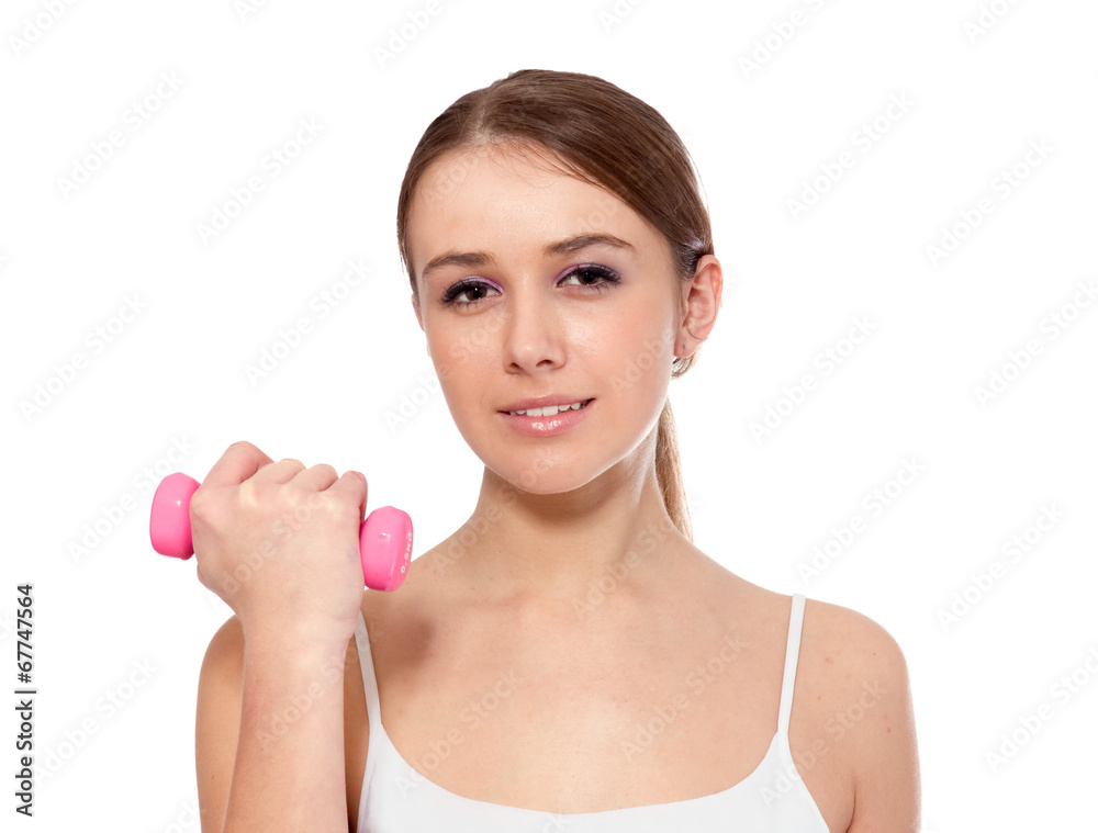 Fitness instructor with dumbbells , isolated on white Fitness instructor with dumbbells , isolated on white