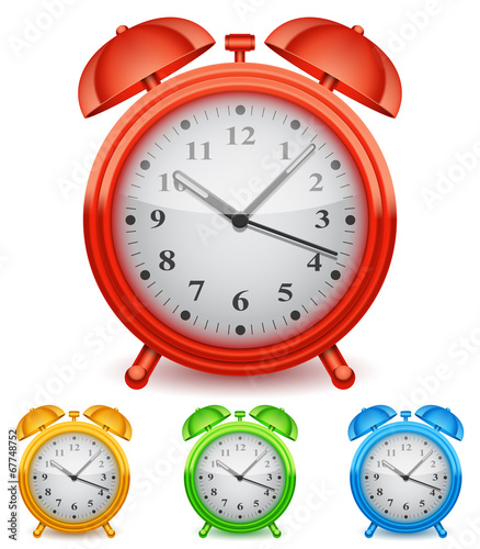 Collection of 4 color alarm clocks.