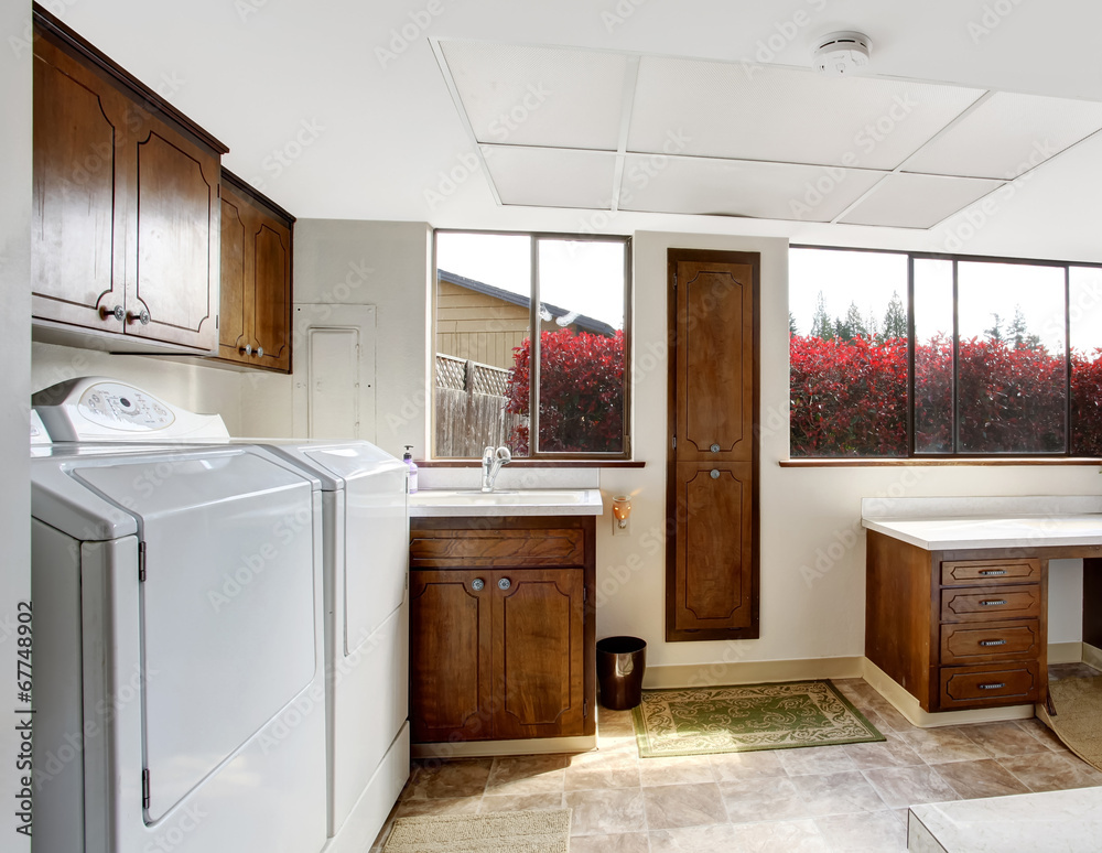 Bright laundry room with dark brown cabinets - obrazy, fototapety, plakaty 
