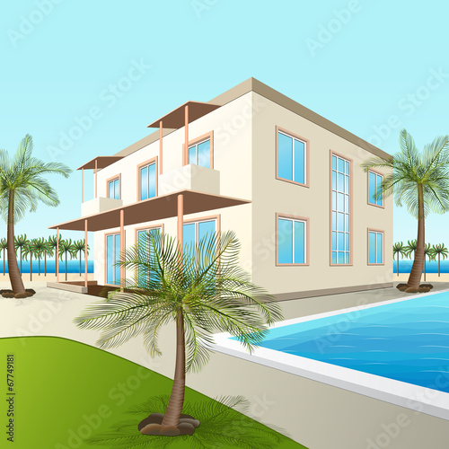 building a small hotel with sea and palm trees