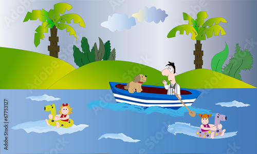 Hombre en barca y niñas bañándose