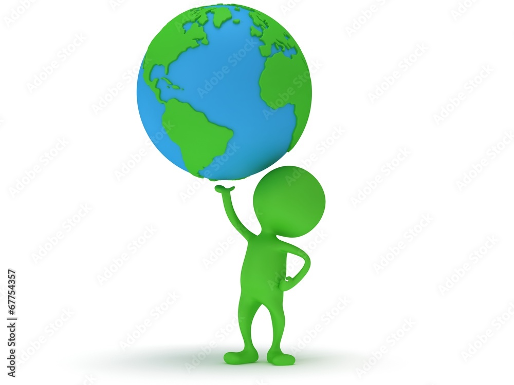 3d green man stand with earth planet globe 3d green man stand with earth planet globe