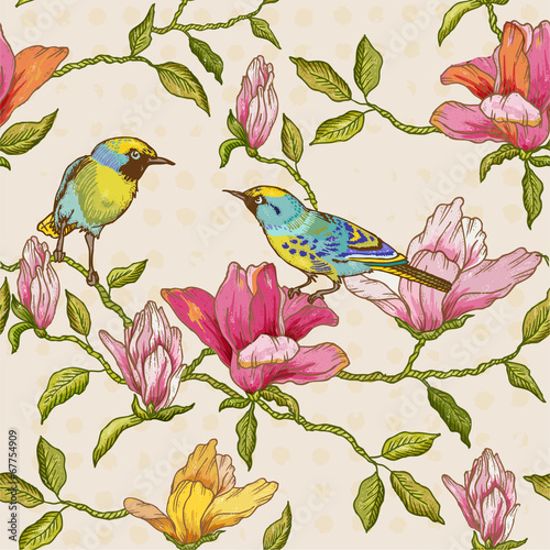 Vintage Seamless Background - Flowers and  Birds © wooster