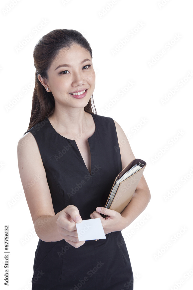 Businesswoman Holding Blank Credit Card on White Businesswoman Holding Blank Credit Card on White