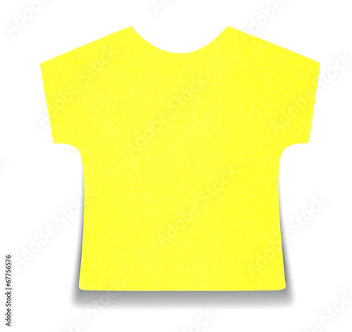 Flat yellow T-shirt sticky note, isolated, with shadow on bottom