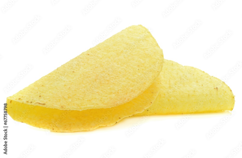 Two empty taco shells on a white background