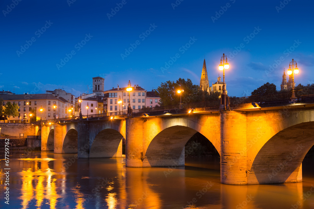 Evening view of Logrono. Puente da Piedra over Ebro