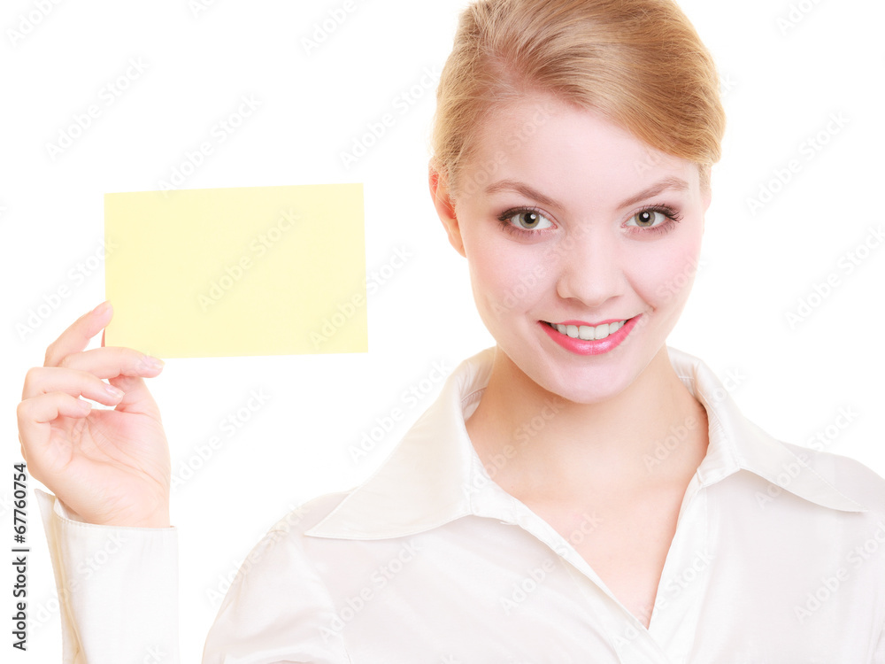 Ad. Businesswoman holding blank copy space card Ad. Businesswoman holding blank copy space card