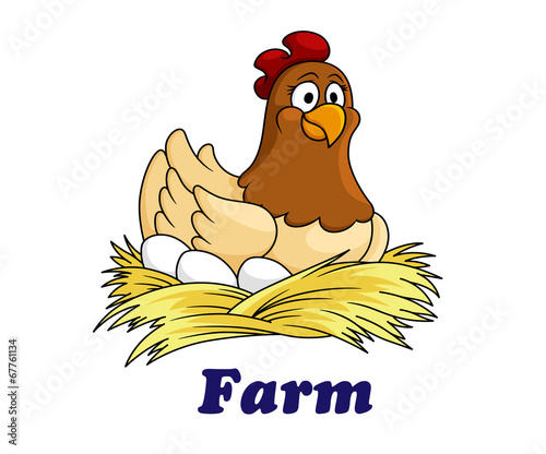 Farm emblem with a hen sitting on eggs