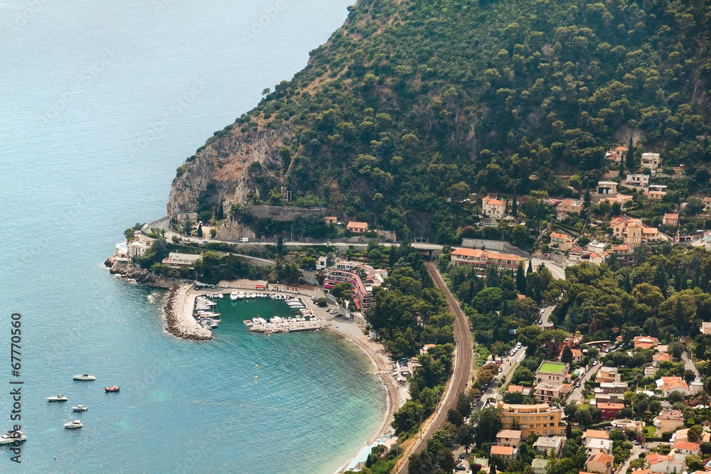 Aerial view on Eze sur mer town in France. Azure sea.