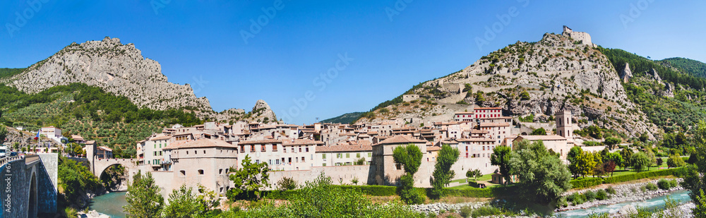 Panoramic view on town Entrevaux, France. Mountains and fortific