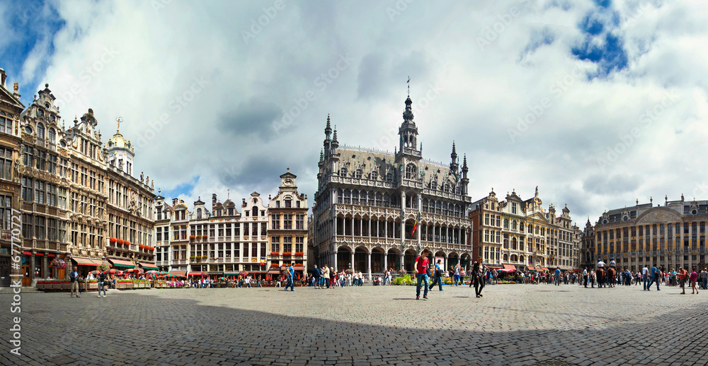 Panoramic view of the Grand Place in Brussels Belgium.