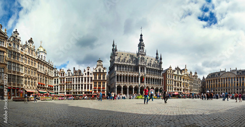 Panoramic view of the Grand Place in Brussels Belgium.