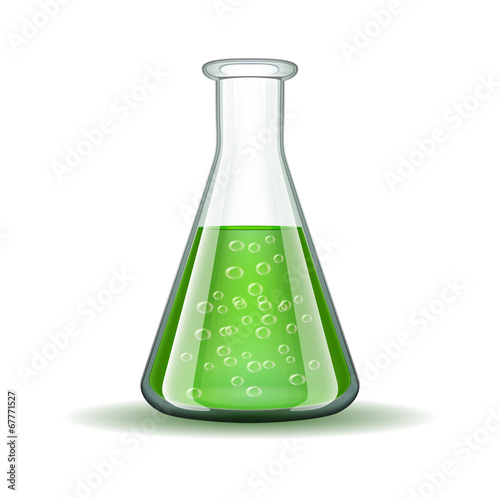 Chemical laboratory transparent flask with green liquid