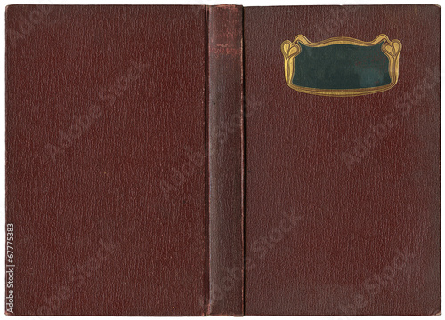 Old open book cover in brown canvas with ornamental golden frame - circa 1904 - art nouveau