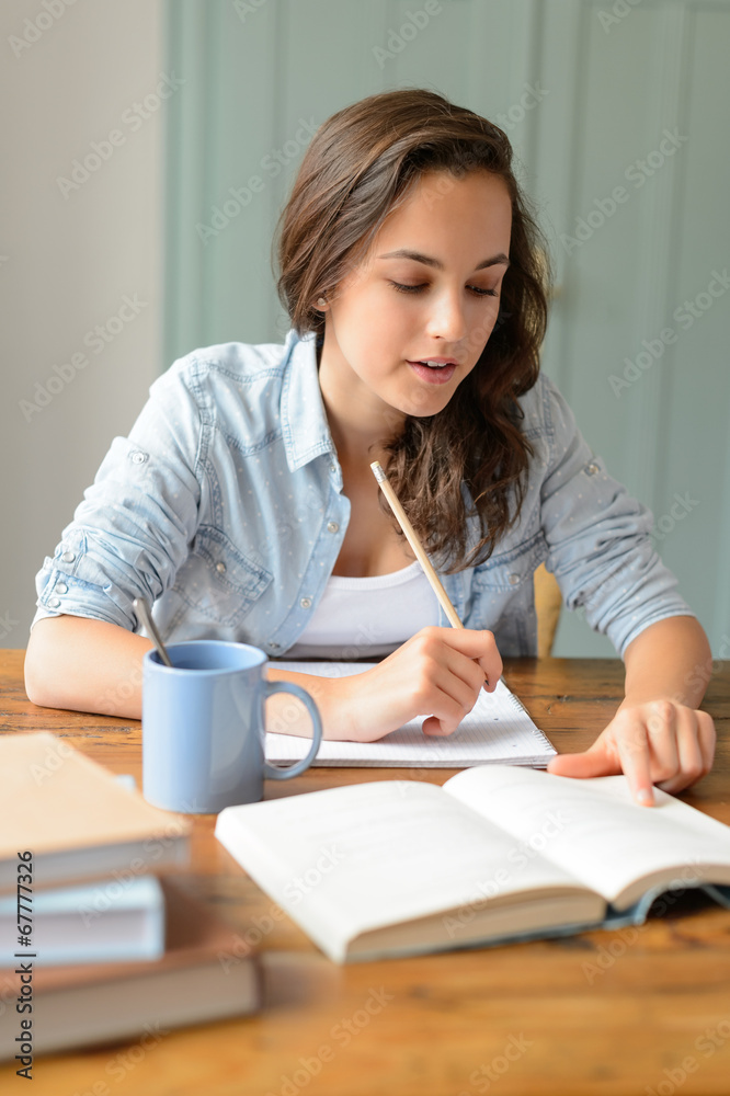 Teenage student girl studying book at home Teenage student girl studying book at home