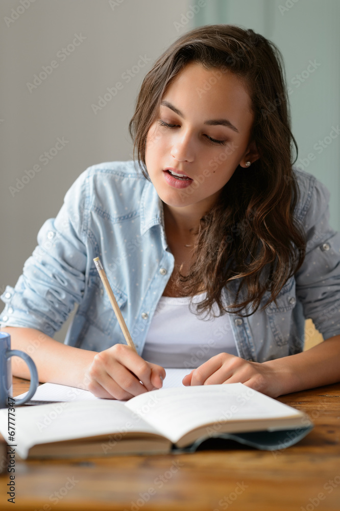 Teenage girl studying book writing notes Teenage girl studying book writing notes