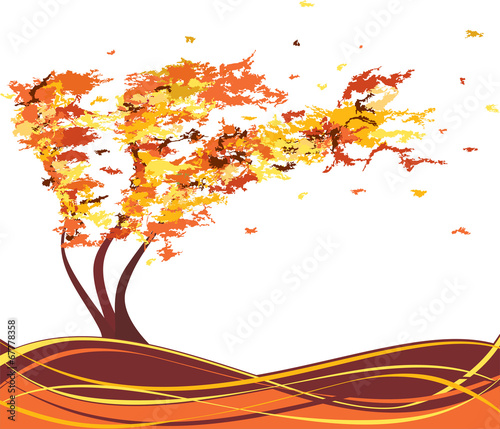 Autumn grunge tree in the wind. Vector