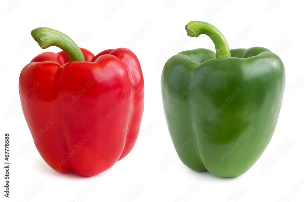 Red and green bell peppers on white. Red and green bell peppers on white.