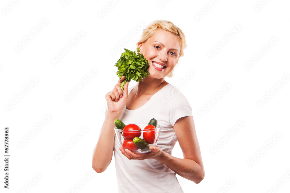 Happy smiling woman with vegetables. on a diet Happy smiling woman with vegetables. on a diet