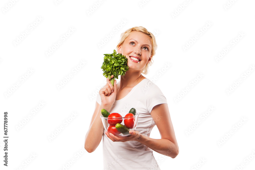 smiling healthy woman with vegetables. on white smiling healthy woman with vegetables. on white