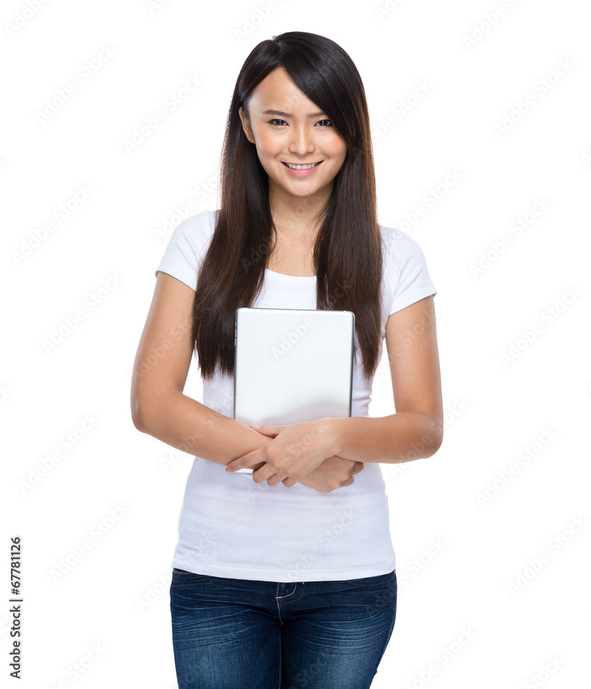 Asian young woman holding tablet isolated Asian young woman holding tablet isolated