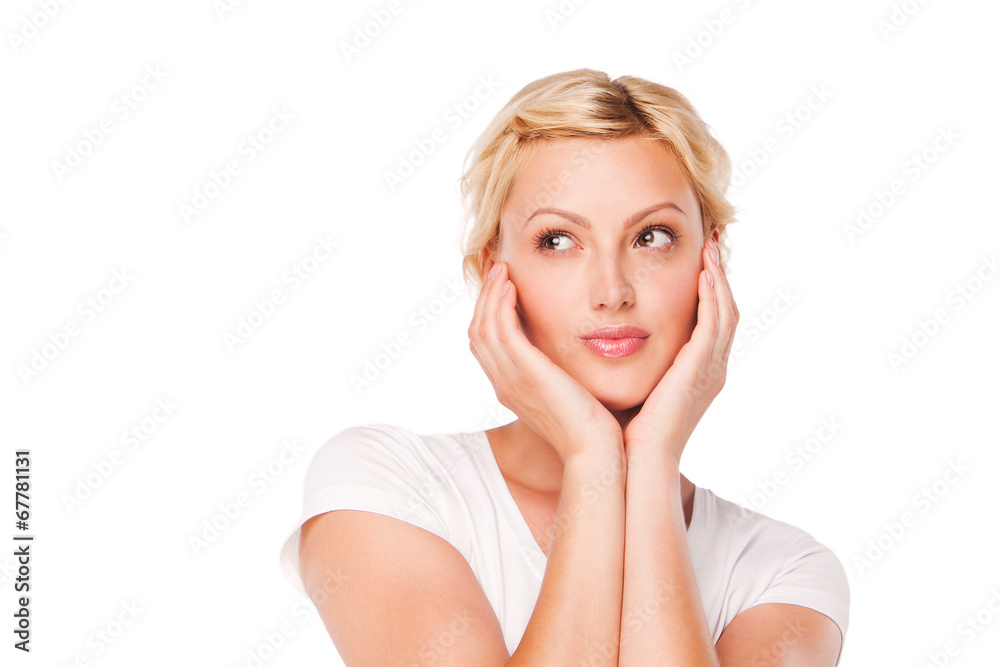 beautiful young woman wearing a white t-shirt