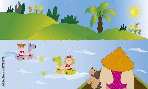 Mujer en barca y niñas bañándose