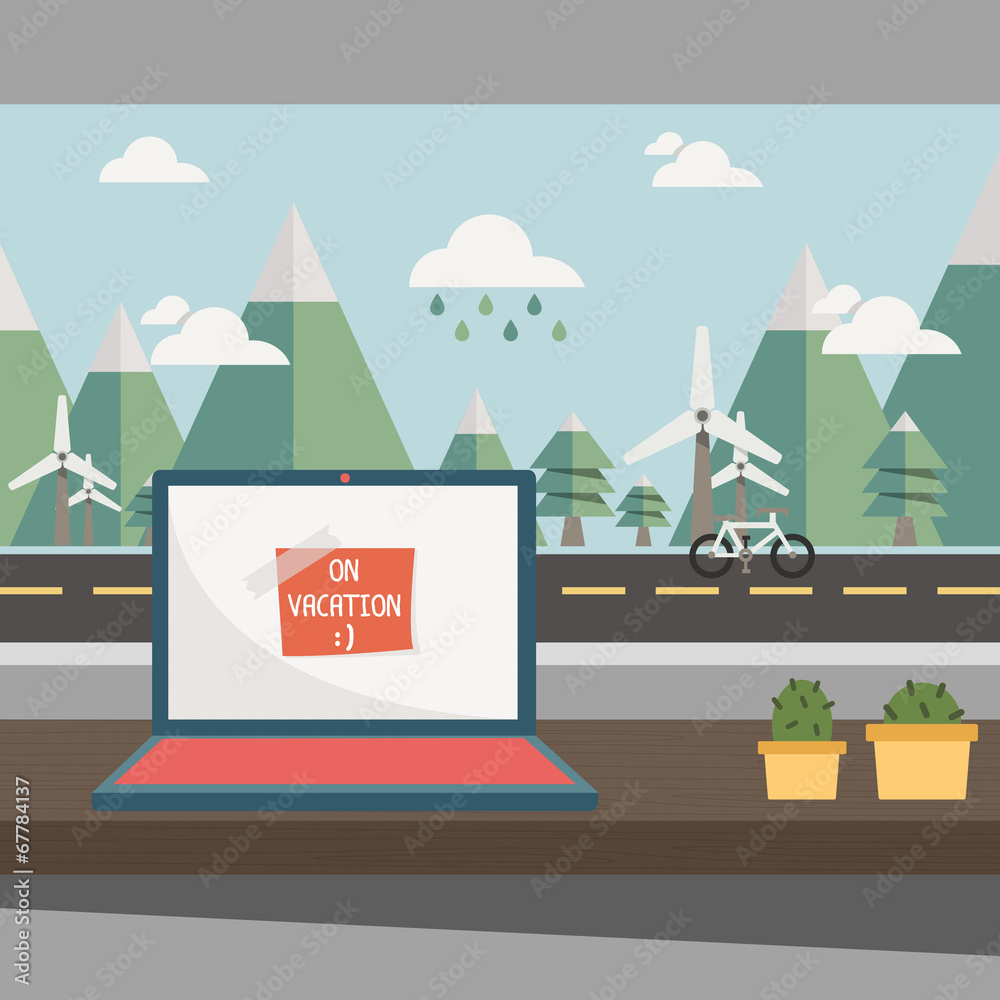 Naklejka premium work desk with a window open to the mountain landscape view