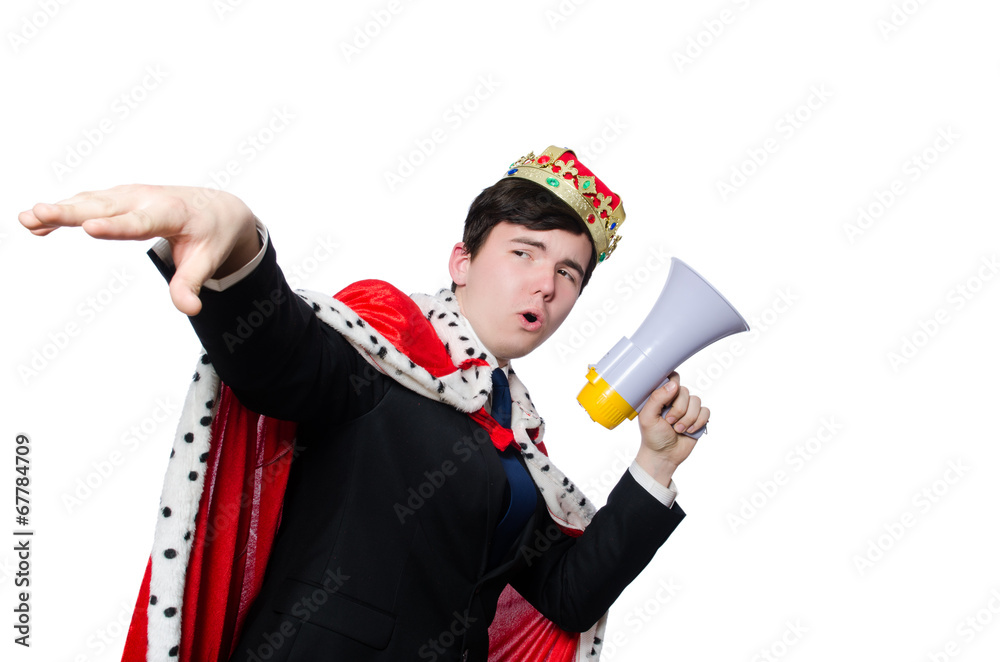 Man with crown and megaphone isolated on white Man with crown and megaphone isolated on white