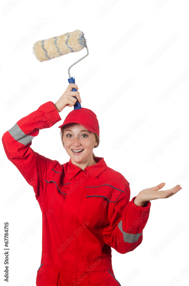 Woman painter in red coveralls isolated on the white Woman painter in red coveralls isolated on the white