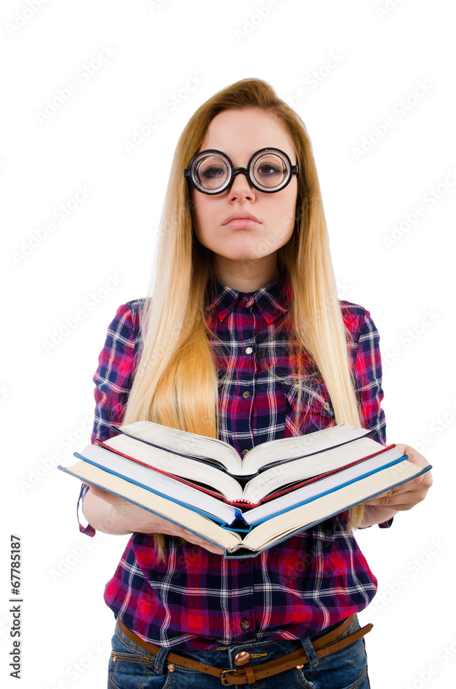 Funny student with stack of books Funny student with stack of books