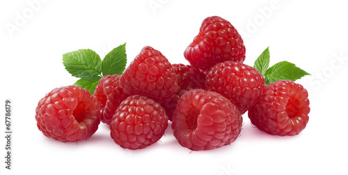 Raspberry with leaves horizontal isolated on white background