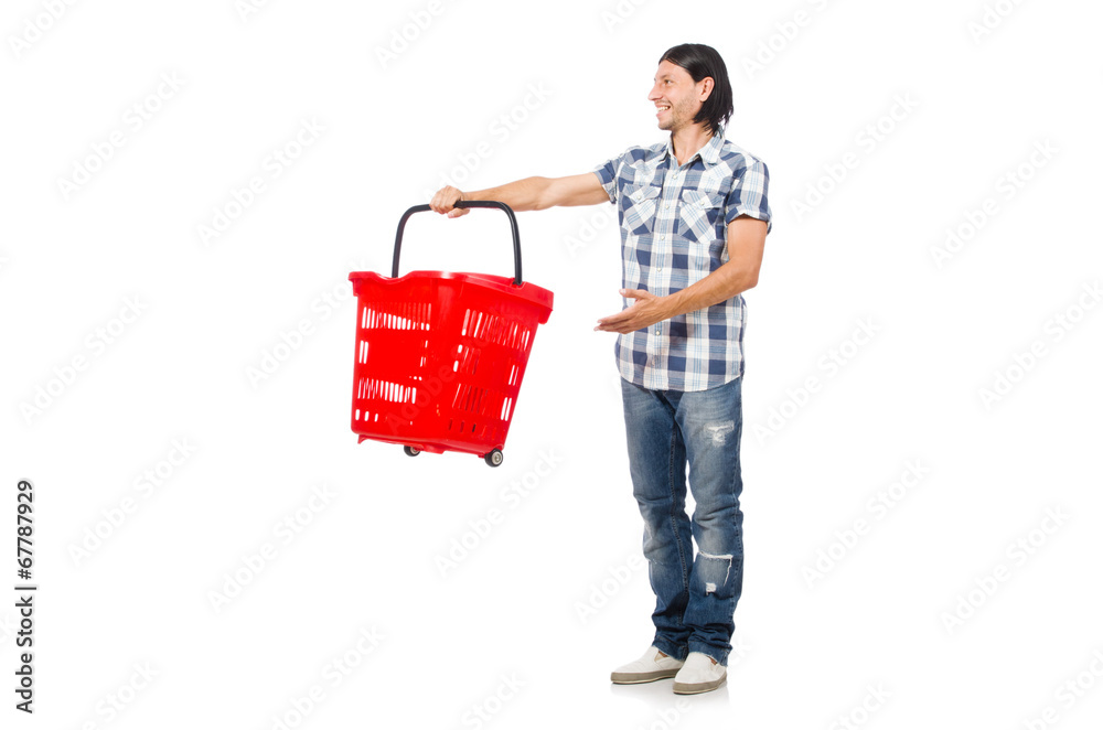 Man shopping with supermarket basket cart isolated on white Man shopping with supermarket basket cart isolated on white