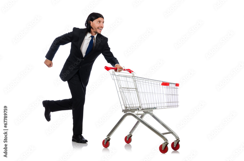Man shopping with supermarket basket cart isolated on white Man shopping with supermarket basket cart isolated on white