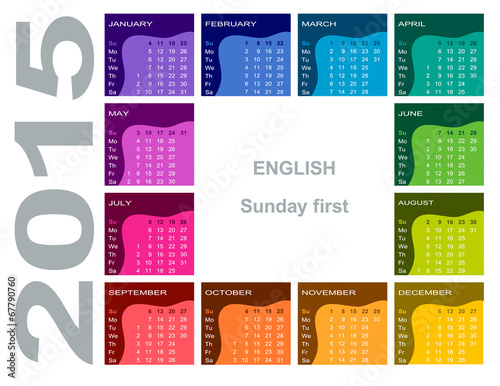 Colorful calendar 2015 - English (Sunday first)