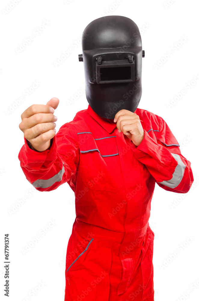Welder in red overalls isolated on white Welder in red overalls isolated on white