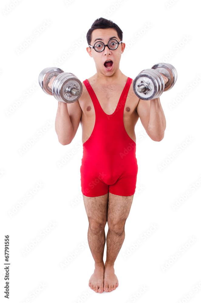 Funny guy with dumbbels on white Funny guy with dumbbels on white