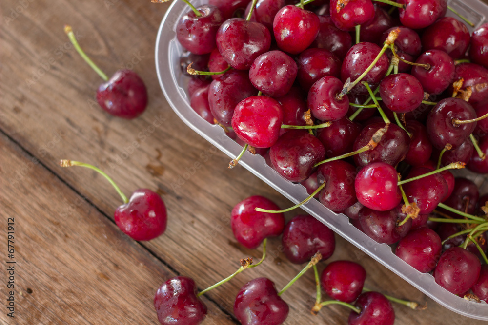 Cherries on a table from above view Cherries on a table from above view