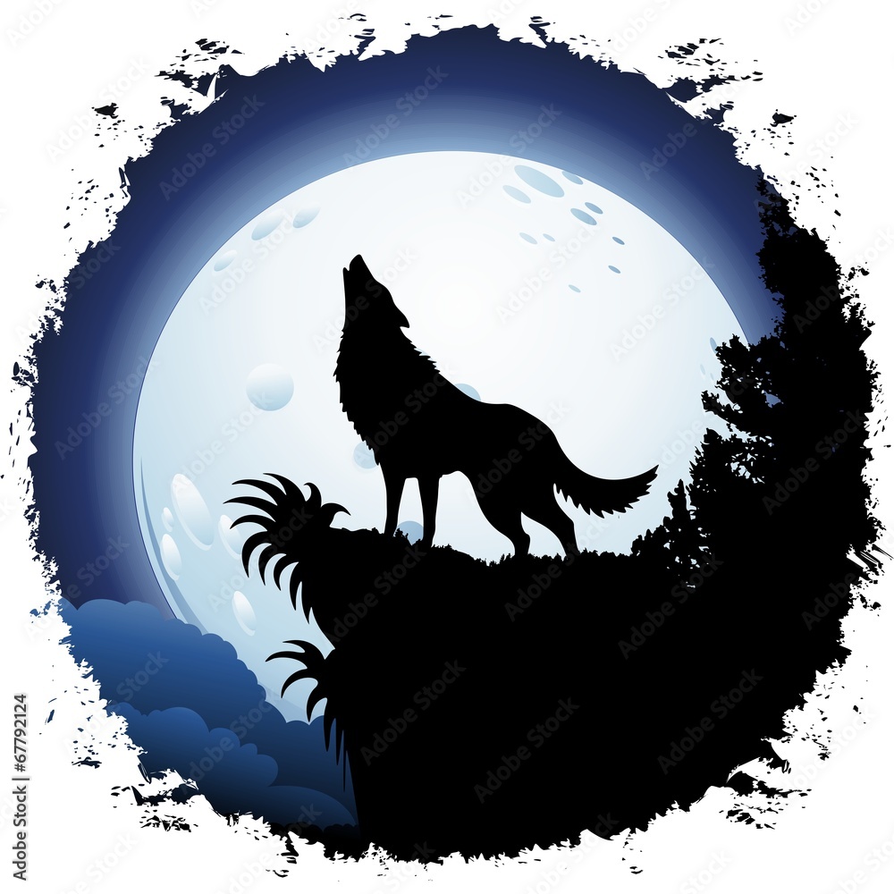 Fototapeta premium Wolf Howling at Blue Moon on Grunge Frame