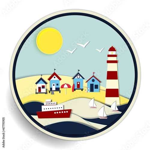seascape with lighthouse and ships badge