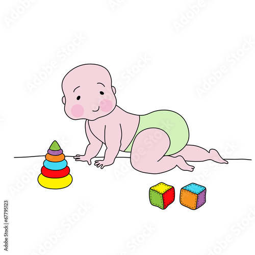 Creeping baby with toys