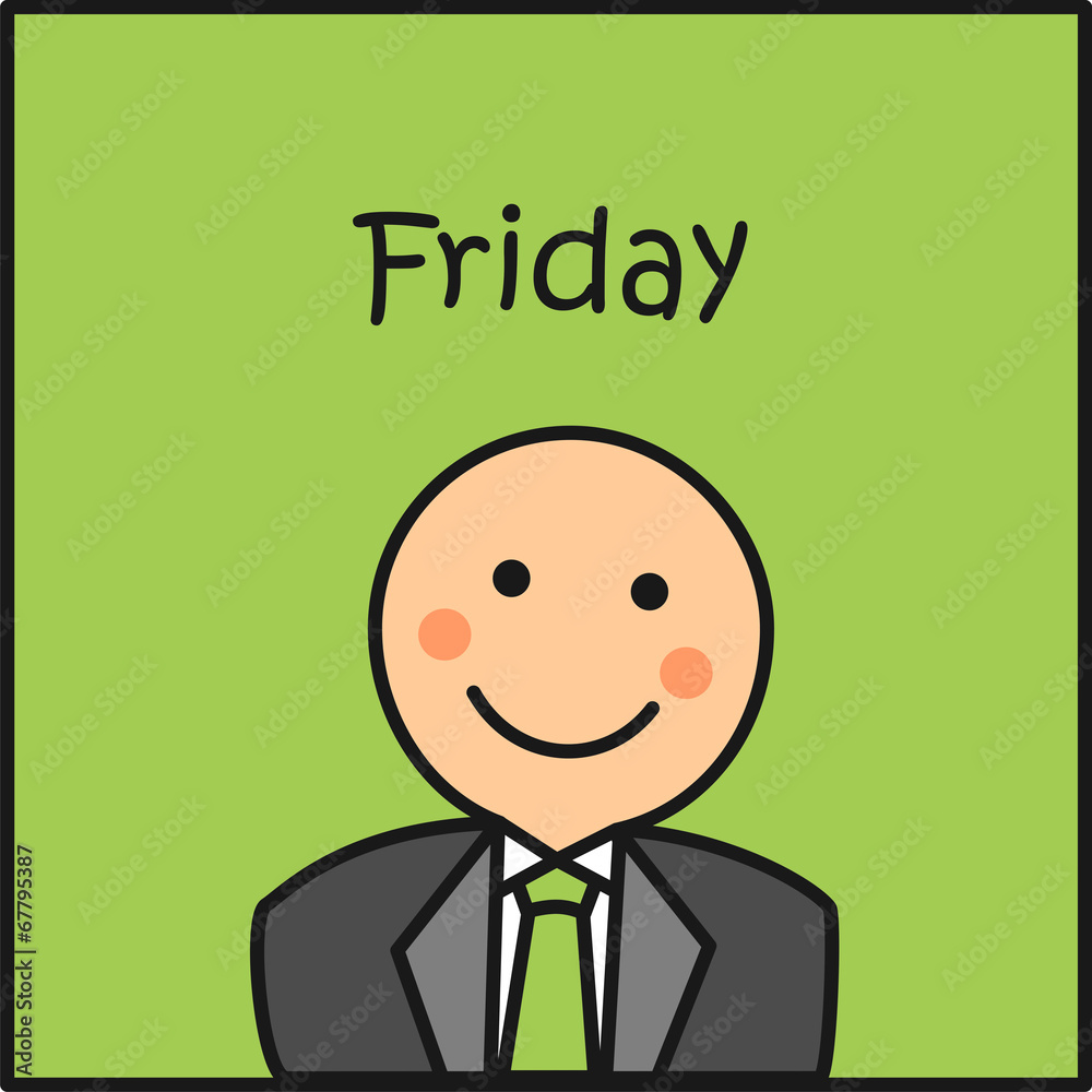 Viernes. Días de la semana. Avatar contento con texto en inglés