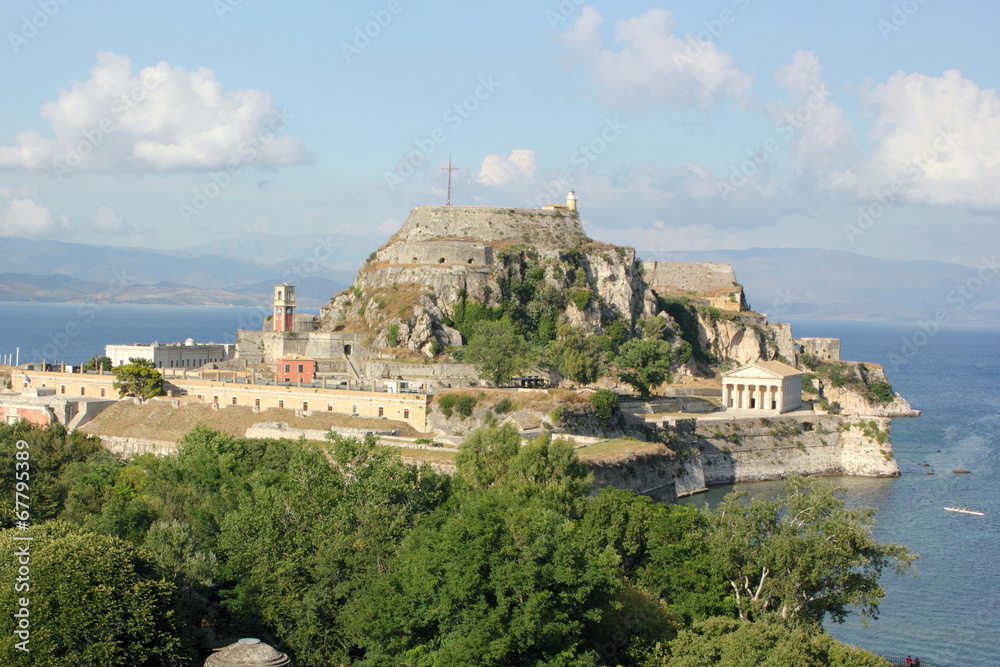 Corfu castle old fort with a Greek island with blue Mediterranean sea
