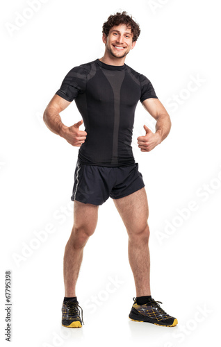 Athletic attractive man after fitness exersise on the white photo