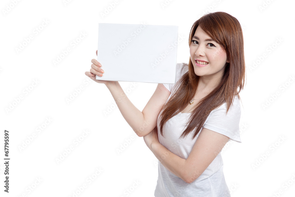 Asian girl hold blank sign and smile Asian girl hold blank sign and smile