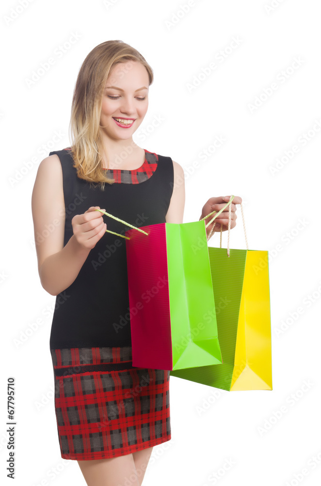 Woman after shopping spree on white Woman after shopping spree on white