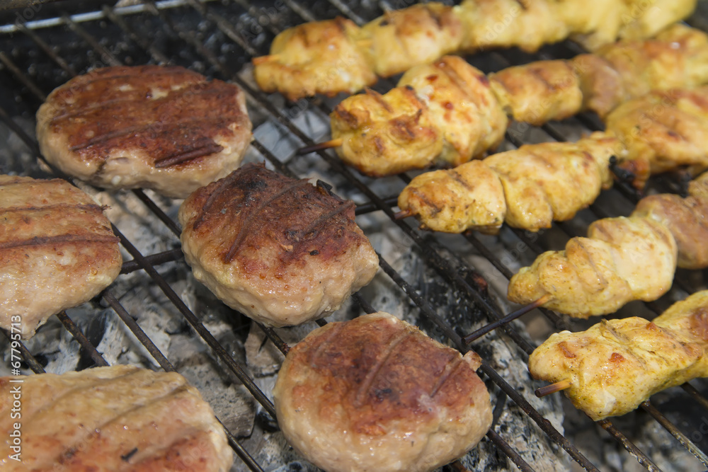 Grilled chicken meat and meetballs Grilled chicken meat and meetballs