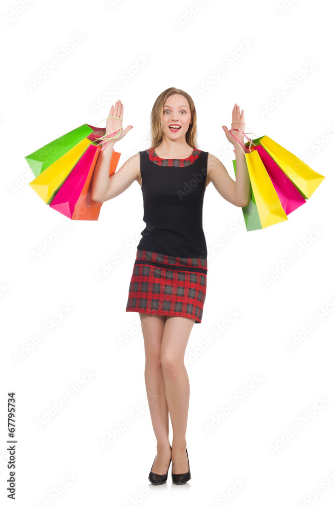 Woman after shopping spree on white Woman after shopping spree on white