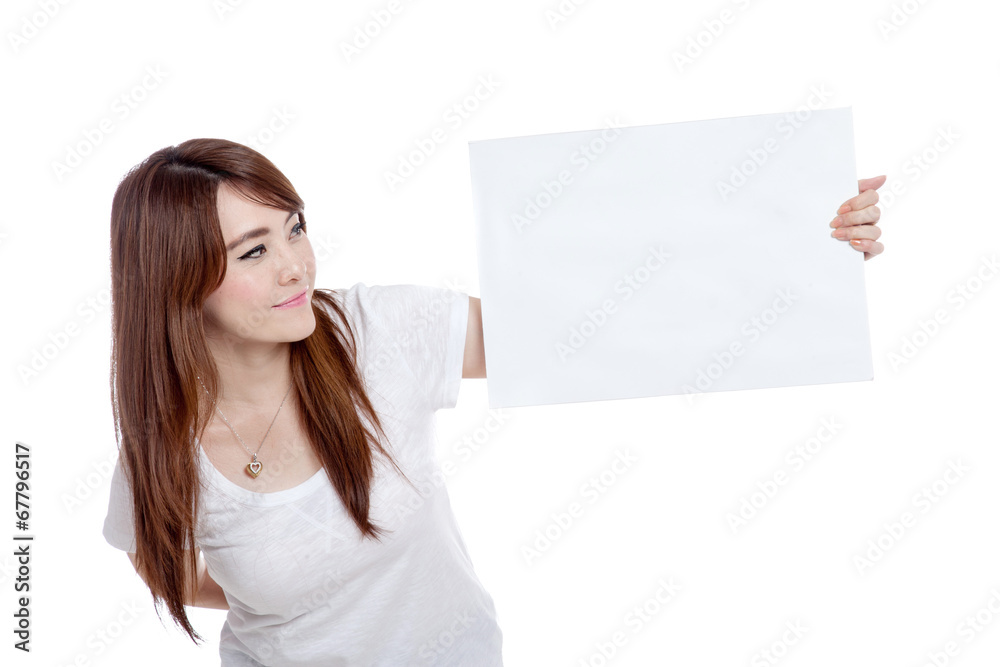 Asian girl show blank sign and smile Asian girl show blank sign and smile